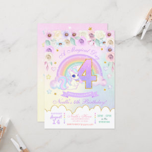 Pastel Rainbow Unicorn Fourth Birthday Invitation Kaart