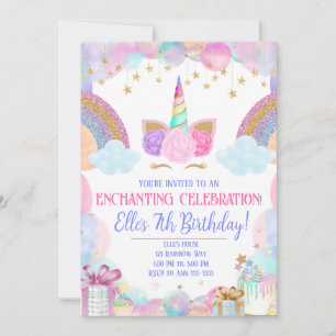 Pastel Rainbow Unicorn Girls Birthday Kaart