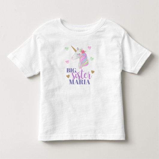 Pastel Rainbow Unicorn & Hearts Big Sister Kinder Shirts (Voorkant)