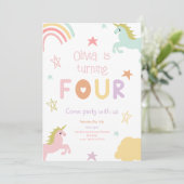 Pastel Rainbow Unicorn krijgt vierde verjaardag Kaart (Staand voorkant)