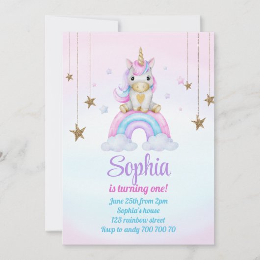Pastel Rainbow Unicorn Sparkles 1e verjaardag Kaart (Voorkant)