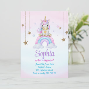 Pastel Rainbow Unicorn Sparkles 1e verjaardag Kaart