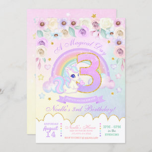 Pastel Rainbow Unicorn Third Birthday Uitnodiging