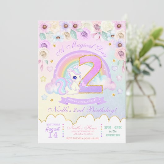 Pastel Rainbow Unicorn tweede uitnodiging op zater (Staand voorkant)