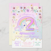 Pastel Rainbow Unicorn tweede uitnodiging op zater (Voorkant / Achterkant)