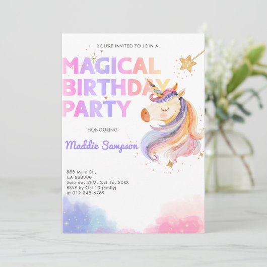 Pastel Rainbow Unicorn Verjaardagsfeest Nodig Meis Bedankkaart (Staand voorkant)
