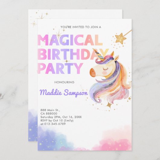 Pastel Rainbow Unicorn Verjaardagsfeest Nodig Meis Bedankkaart (Voorkant / Achterkant)