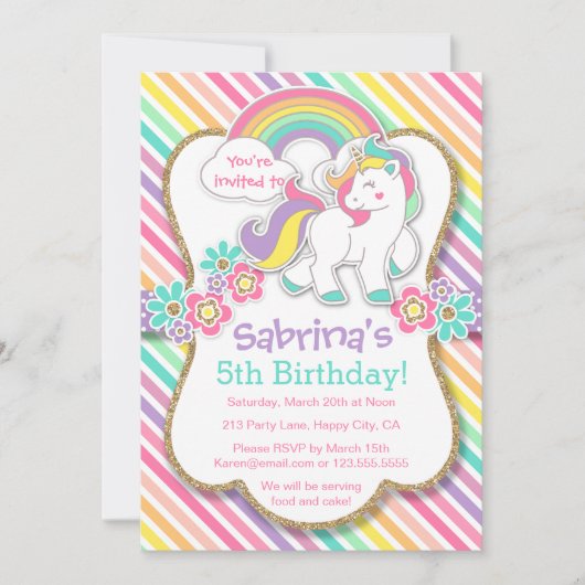 Pastel Rainbow Unicorn Verjaardagsfeestje Uitnodig Kaart (Voorkant)