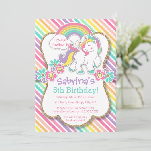 Pastel Rainbow Unicorn Verjaardagsfeestje Uitnodig Kaart (Staand voorkant)