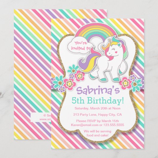 Pastel Rainbow Unicorn Verjaardagsfeestje Uitnodig Kaart (Voorkant / Achterkant)