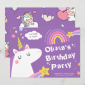 Pastel Rainbow Unicorn Verjaardagsfeestje Uitnodig Kaart (Voorkant / Achterkant)