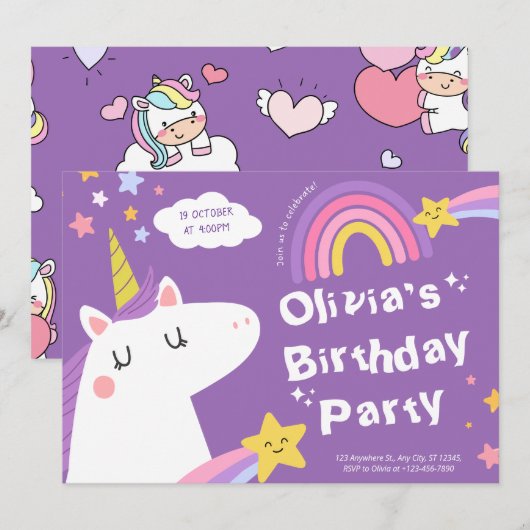 Pastel Rainbow Unicorn Verjaardagsfeestje Uitnodig Kaart (Voorkant / Achterkant)