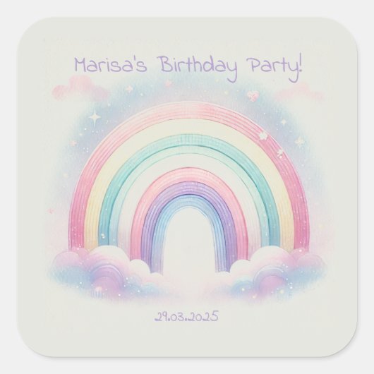 Pastel Rainbow Verjaardagsfeest Plein Stickers (Voorkant)