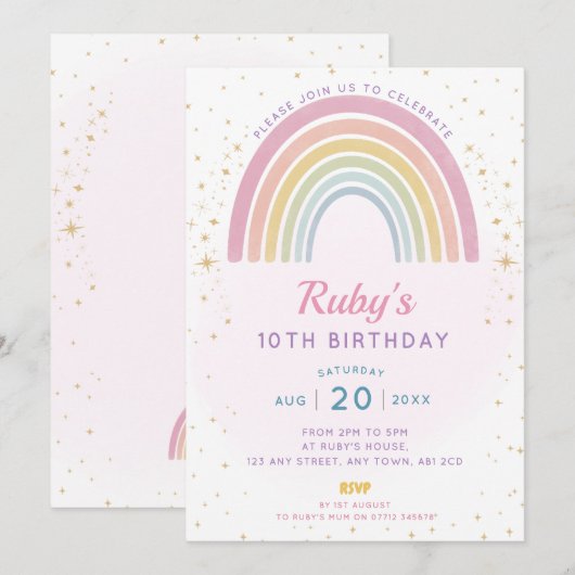 Pastel Rainbow Verjaardagsfeestje Uitnodigen Kaart (Voorkant / Achterkant)
