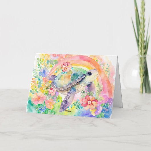 Pastel Rainbow Waterverf Bloemen Zee Schildpad Kaa Feestdagen Kaart (Achterkant)