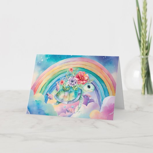 Pastel Rainbow Waterverf Bloemen Zee Schildpad Kaa Feestdagen Kaart (Voorkant)