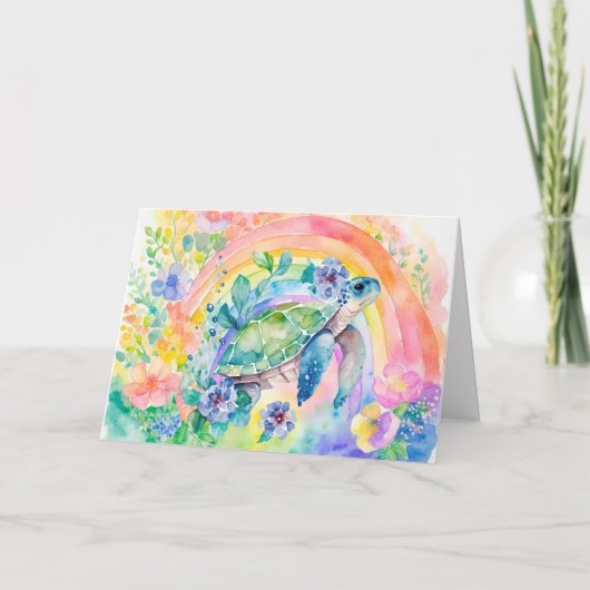 Pastel Rainbow Waterverf Bloemen Zee Schildpad Kaa Feestdagen Kaart (Voorkant)
