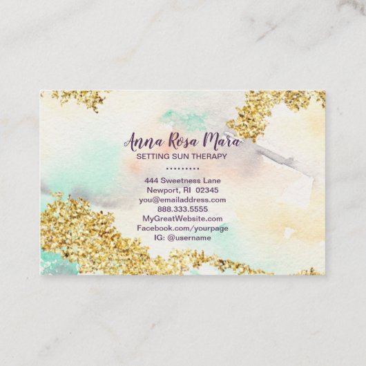 *~* Pastel Rainbow Waterverf Wash Gold Glitter Visitekaartje (Achterkant)