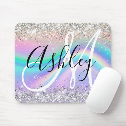 Pastel Rainbow Wave Ombre Silver Glitter Monogram Muismat (Met muis)