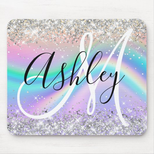 Pastel Rainbow Wave Ombre Silver Glitter Monogram Muismat (Voorkant)