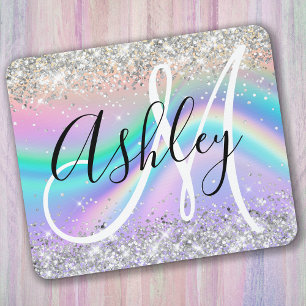 Pastel Rainbow Wave Ombre Silver Glitter Monogram Muismat