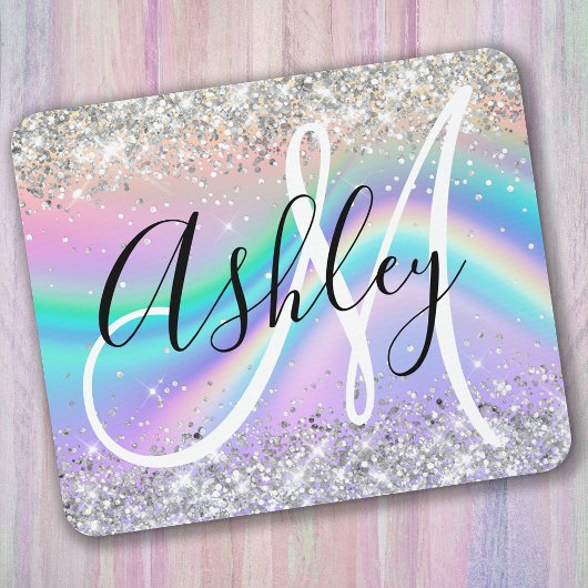 Pastel Rainbow Wave Ombre Silver Glitter Monogram Muismat