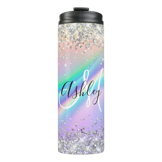 Pastel Rainbow Wave Ombre Silver Glitter Monogram Thermosbeker (Voorkant)