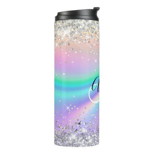 Pastel Rainbow Wave Ombre Silver Glitter Monogram Thermosbeker (Gedraaid links)