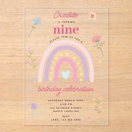 Pastel Rainbows Girl Wildflowers Hearts Verjaardag Acryl Uitnodigingen (Voorkant)