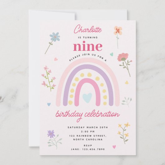 Pastel Rainbows Girl Wildflowers Hearts Verjaardag Kaart (Voorkant)