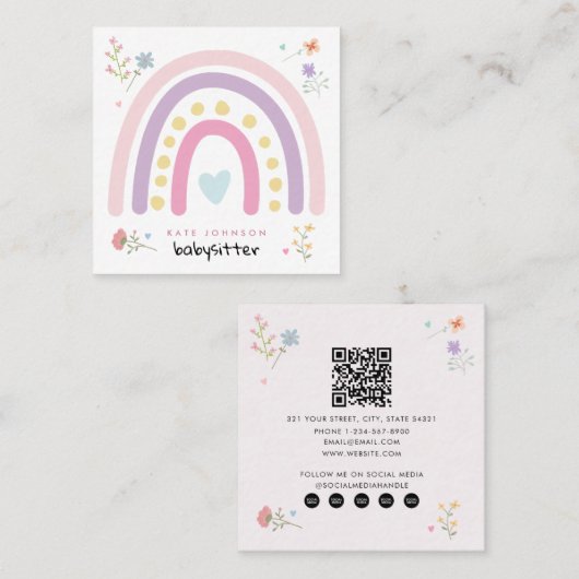 Pastel Rainbows Girly Wildflowers Babysitter Vierkante Visitekaartje (Voorkant / Achterkant)
