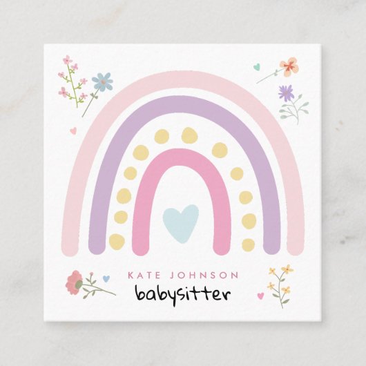 Pastel Rainbows Girly Wildflowers Babysitter Vierkante Visitekaartje (Voorkant)