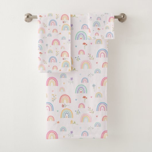 Pastel Rainbows Girly Wildflowers & Hearts Bad Handdoek (Insitu)