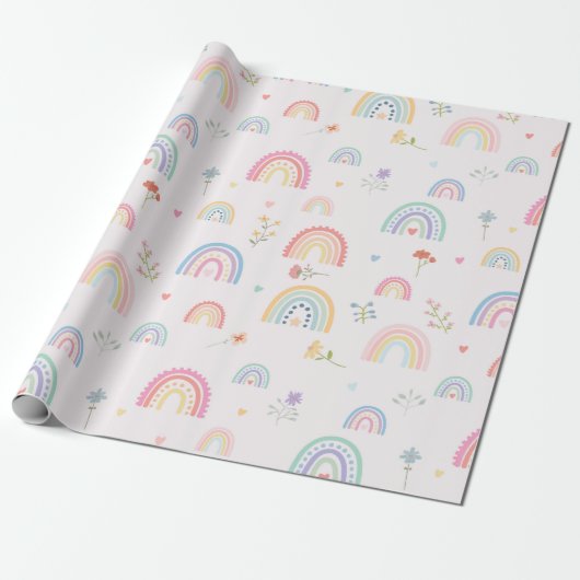 Pastel Rainbows Girly Wildflowers & Hearts Cadeaupapier (Uitgerold)