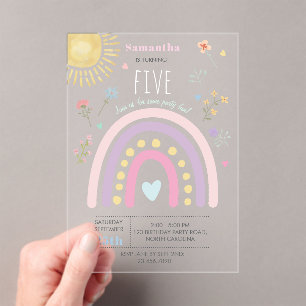Pastel Rainbows Girly Wildflowers Hearts Verjaarda Acryl Uitnodigingen