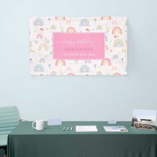 Pastel Rainbows Girly Wildflowers Hearts Verjaarda Spandoek (Beurs)