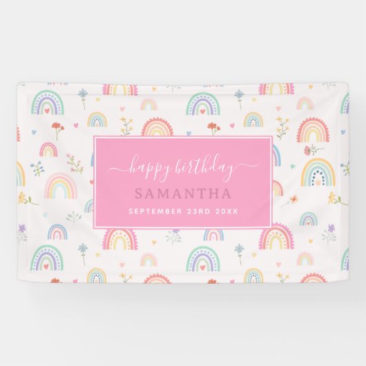 Pastel Rainbows Girly Wildflowers Hearts Verjaarda Spandoek (Horizontaal)