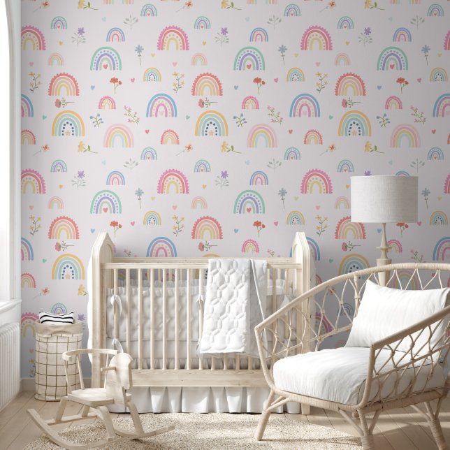 Pastel Rainbows Wildflowers Hearts Girly Nursery Behang (Kinderen)