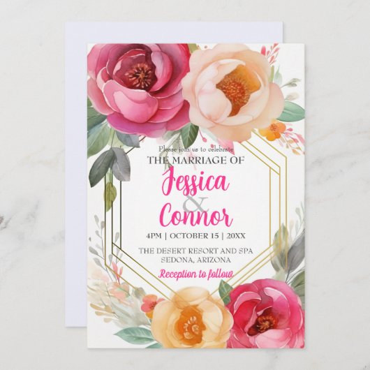 Pastel Ranunculus Bloemige Trouw Gouden Frame Aang Kaart (Voorkant / Achterkant)