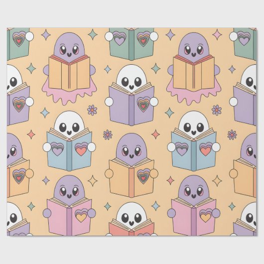 Pastel Reading Retro Ghosts Kawaii Boekenliefhebbe Cadeaupapier (Vlak)