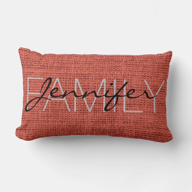 Pastel Red Burlap Rustisch Monogram Kussen (Voorkant)