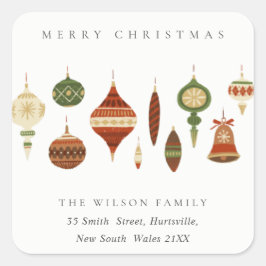 PASTEL RED GREEN STAR CHIRSTMAS ORNAMENTEN ADRES VIERKANTE STICKER