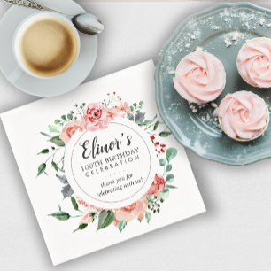 Pastel Red Rose Floral 100th Birthday Hartelijk da Servet