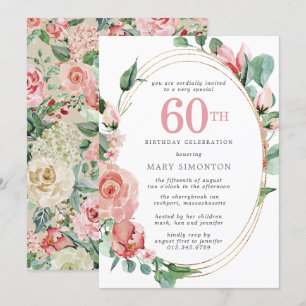 Pastel Red Rose Floral 60th Birthday Party Kaart