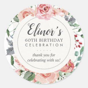 Pastel Red Rose Floral 60th Verjaardag Dank u Ronde Sticker