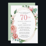 Pastel Red Rose Floral 70th Birthday Party Kaart<br><div class="desc">Een zacht pastelrood dat bijna roze creëer is, een prachtig bloemetjesontwerp op deze elegante 80ste verjaardagsuitnodiging. De rode rozen worden in diepe groene bladeren genaaid. De rozen en bladeren versieren een chic multi-strand goud lijst. De 70ste is geschreven in een grote rode tekst. De rest van de tekst is donkergrijs....</div>
