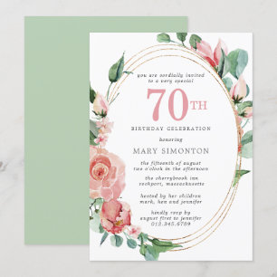 Pastel Red Rose Floral 70th Birthday Party Kaart