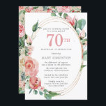 Pastel Red Rose Floral 70th Birthday Party Kaart<br><div class="desc">Een zacht pastelrood dat bijna roze creëer is, een prachtig bloemetjesontwerp op deze elegante 70ste verjaardagsuitnodiging. De rode rozen worden in diepe groene bladeren genaaid. De rozen en bladeren versieren een chic multi-strand goud lijst. De 70ste is geschreven in een grote rode tekst. De rest van de tekst is donkergrijs....</div>