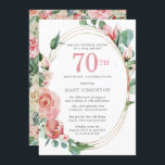 Pastel Red Rose Floral 70th Birthday Party Kaart<br><div class="desc">Een zacht pastelrood dat bijna roze creëer is, een prachtig bloemetjesontwerp op deze elegante 70ste verjaardagsuitnodiging. De rode rozen worden in diepe groene bladeren genaaid. De rozen en bladeren versieren een chic multi-strand goud lijst. De 70ste is geschreven in een grote rode tekst. De rest van de tekst is donkergrijs....</div>