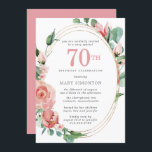 Pastel Red Rose Floral 70th Birthday Party Kaart<br><div class="desc">Een zacht pastelrood dat bijna roze creëer is, een prachtig bloemetjesontwerp op deze elegante 80ste verjaardagsuitnodiging. De rode rozen worden in diepe groene bladeren genaaid. De rozen en bladeren versieren een chic multi-strand goud lijst. De 70ste is geschreven in een grote rode tekst. De rest van de tekst is donkergrijs....</div>